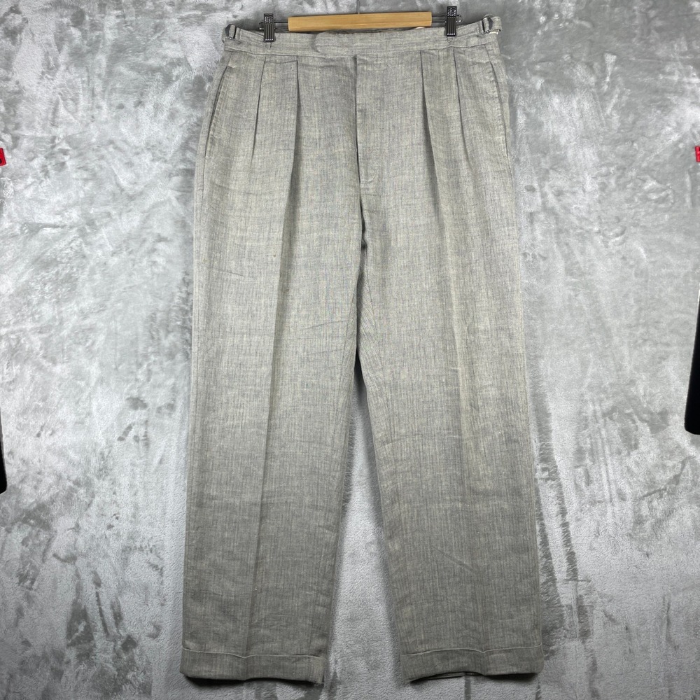 Vtg Polo Ralph Lauren Pants Mens 36 Double Pleated Linen Wool Herringbone Buckle